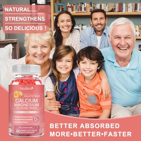 Mulittea - Gomas de Cálcio 1200mg com D3, K2, Zinco – Complexo de Plantas de Cálcio e Magnésio com Glicinato, Potássio e Vitamina C