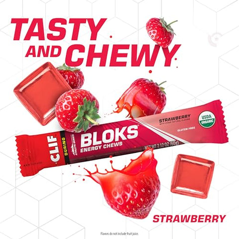 Clif Bloks - CLIF BLOKS – Sabor Morango – Gomas Energéticas – Não-OGM – Baseado em Plantas – Combustível Rápido para Ciclismo e Corrida – Carboidratos e Eletrólitos Rápidos – 60g (18 Unidades)