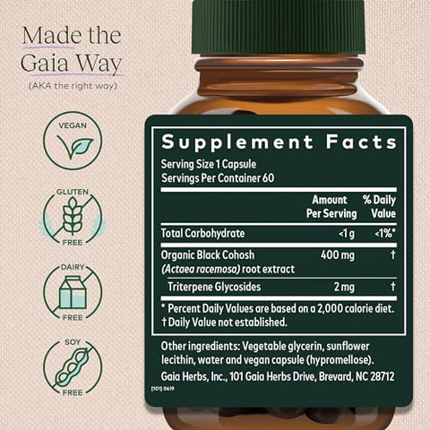Black Cohosh – Suporte para Menopausa com Equilíbrio Hormonal e Saúde para Mulheres – com Black Cohosh Orgânico – 60 Cápsulas Líquidas Veganas de Fitoterapia (30 Dias) - Gaia Herbs