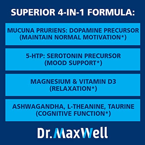 Dr. Maxwell - Suplementos de Serotonina e Dopamina, Melhores que o Suporte Apenas para Dopamina ou Serotonina. Ajuda a Manter Níveis Normais de Neurotransmissores. Mucuna Pruriens, 5-HTP, 60 Cápsulas para Mulheres e Homens