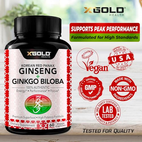 X Gold Health - Ginseng Vermelho Coreano Panax 1200mg Ginkgo Biloba – Extrato de Raiz em Pó de Força Extra com Cápsulas Veganas de Alta Ginsenosídeos para Energia e Desempenho