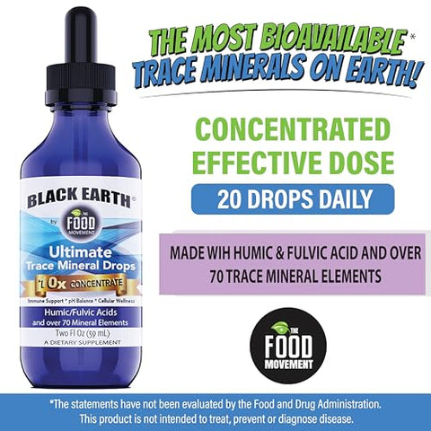 THE FOOD MOVEMENT CO. - Black Earth Ultimate Trace Minerals 10x Força, Ácido Fúlvico – 100ml