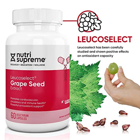 NUTRI-SUPREME RESEARCH - Nutri Supreme Grapeseed Extract Leucoselect – Suporte Super Antioxidante, Saúde Cardiovascular – 60 Cápsulas Certificadas Kosher
