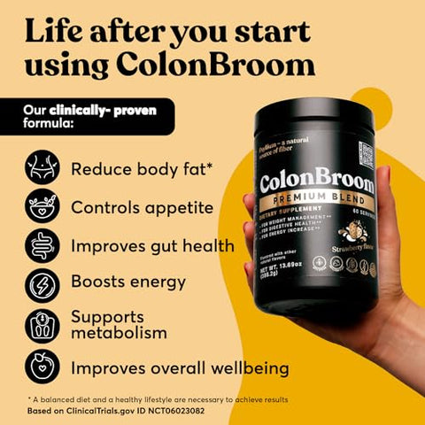 Premium – Suplemento para Gerenciamento de Peso (Morango) – Bebida em Pó de Fibra de Casca de Psyllium Colon Broom – Livre de Glúten, Não-OGM – Limpeza do Cólon para Alívio de Inchaço – 100g - ColonBroom