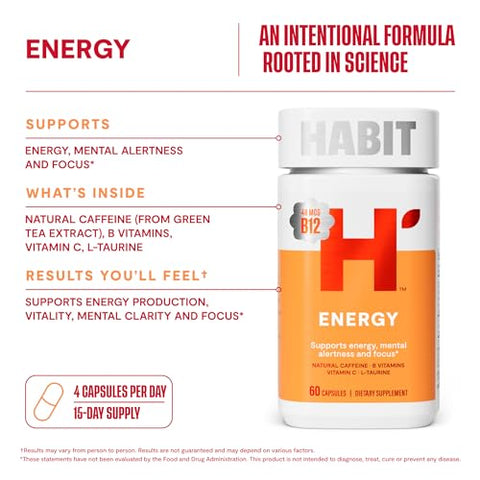 H' Habit - Habit Energy Supplement 2 Pack (120 Cápsulas) – Nova Embalagem, Energia, Alerta Mental e Foco, Cafeína Natural, Vitaminas B