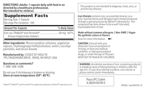 Ferrous Bisglycinate Chelate – Suplemento de Ferro 30mg – Alta Absorção e Tolerância – Marca Klaire Labs - Klaire Labs