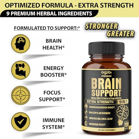 agobi - Suplemento de Suporte Cerebral 9 em 1 5750 Mg – Com Ashwagandha, Ginseng Panax, Gotu Kola, Ginkgo Biloba, Pimenta Preta