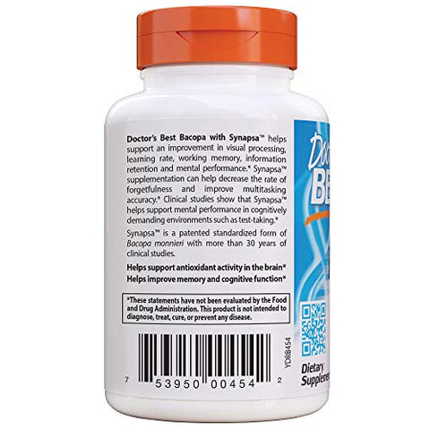 Doctor's BEST - Doctor’s Best Bacopa com Synapsa: Melhora a Memória, Antioxidante, Não-OGM, Vegano, Sem Glúten