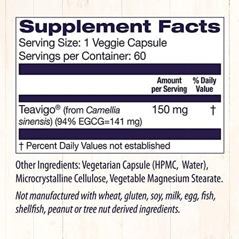 TEAVIGO, Extrato de Chá Verde, 94% EGCG, 150 mg – Cápsulas de Extrato de Chá Verde da Camellia Sinensis – Vegano, Não-OGM - Healthy Origins