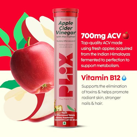 PLIX - THE PLANT FIX - PLIX Tabletes Efervescentes de Vinagre de Maçã com A Mãe, 700mg ACV com VIT B12, B6, Pacote com 4 | Vegano, Sem Açúcar Adicionado, Não-OGM