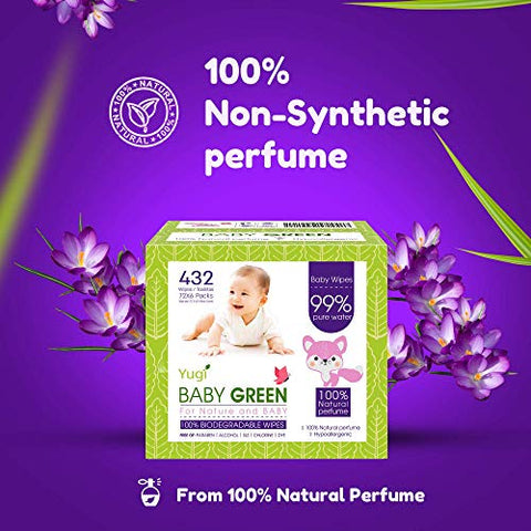 Yugi Baby Green - Fraldas Descartáveis Biodegradáveis Perfume Natural – Pacote (6 Pacotes de 72) 432 – 99%% Água Pura Livre de Plástico Toalhas Umedecidas para Bebês Recém-Nascidos