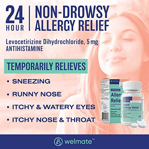 Genérico Xyzal Levocetirizina Dicloridrato 5mg | Não Sonolento | Ação Rápida | Suporte 24h | Coriza, Olhos Lacrimejantes, Espirros | Antialérgico | Alergia - WELMATE