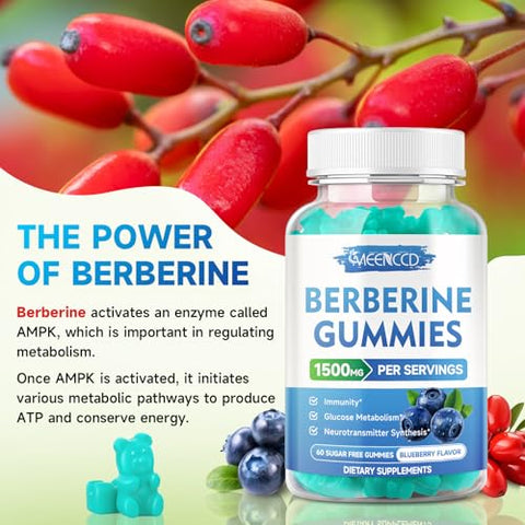 MEENCCD - Berberine Gummies com Canela do Ceilão 1500mg, Alta Potência de Berberina HCL, Mais Canela do Ceilão, Cardo Mariano, Sistema Imunológico