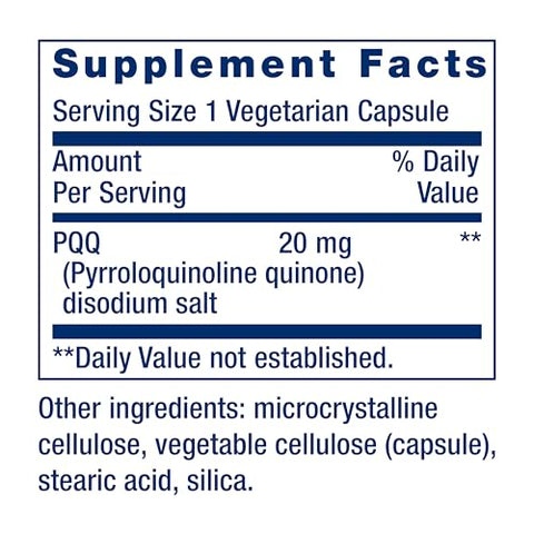 PQQ 20 mg: Promove o crescimento de novas mitocôndrias, sem glúten, não transgênico, vegetariano, 1 cápsula diária, 30 cápsulas - Life Extension
