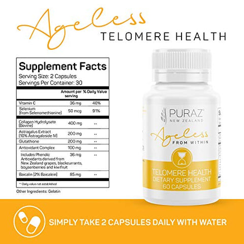 PURAZ - Suplementos de Telômeros com Extrato Potente de Raiz de Astragalus e Colágeno | Suporte Imunológico Superior, Anti-Envelhecimento, Reparo de DNA | Enzima Pura de Telomerase para Alongamento de Telômeros e