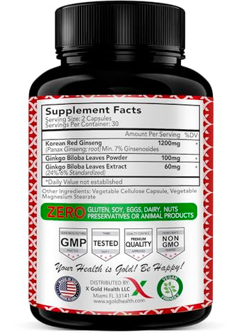 X Gold Health - Ginseng Vermelho Coreano Panax 1200mg Ginkgo Biloba – Extrato de Raiz em Pó de Força Extra com Cápsulas Veganas de Alta Ginsenosídeos para Energia e Desempenho