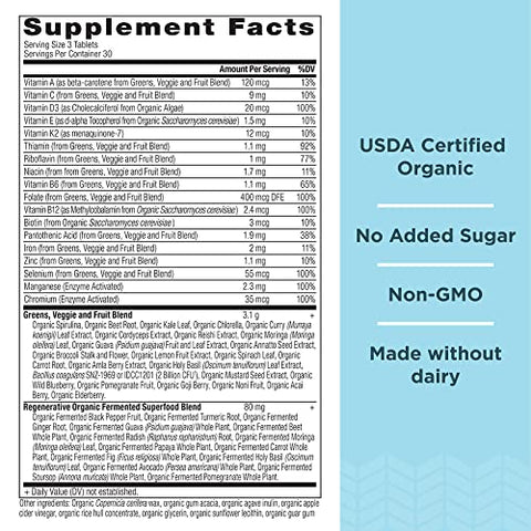SuperGreens e Multivitaminas Orgânicas com Probióticos, Feitos de Frutas, Vegetais e Ervas Reais, para Suporte Digestivo, Desintoxicação e Energia, 90 comprimidos - Ancient Nutrition