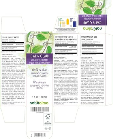 Cat’s Claw (Uncaria tomentosa) – Tintura sem álcool de casca – 118 ml Extrato líquido em gotas – Herbal – Vegano - Naturalma