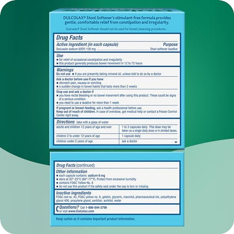 Cápsulas de Gel Líquido Laxante, Alívio Suave da Constipação para Fezes Duras e Secas, Docusato de Sódio 100 mg, 100 Unidades - Dulcolax