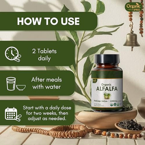 ORGANIC SPREE - Alfalfa 120 Comprimidos | Medicago Sativa (Alfafa) | Orgânico e Natural | Suplemento Superfood com Vitaminas e Minerais | Vegano e Certificado pelo USDA 120tab