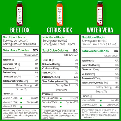 3 Day Juice Cleanse Raw Fountain – Sabores Tropicais, Sucos Naturais e Preparados a Frio de Frutas e Vegetais, Desintoxicação, 18 Garrafas 355ml, 3 Shots de Gengibre Extra
