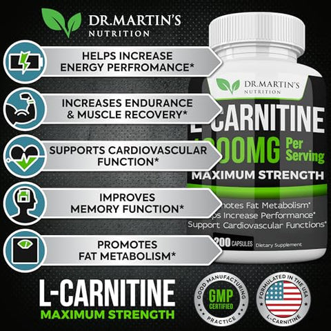 DR. MARTIN'S NUTRITION - DR. MARTIN’S NUTRITION L-Carnitina Extra Forte – 200 Cápsulas – 1000mg Por Porção – Acelere Seu Metabolismo e Melhore o Desempenho