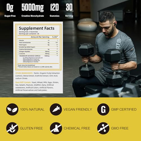 NIUSISE - Gummies de Creatina Monohidratada, 120 Gummies Sem Açúcar com 1000 mg de Complexo de Magnésio e L-Treonato para Homens