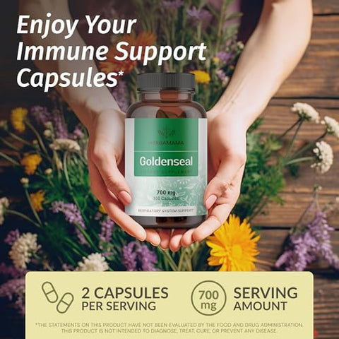 Cápsulas de Pó de Hydrastis – 700 mg Raiz de Hydrastis em Cápsulas de Suporte Imunológico – Cápsulas de Suporte Respiratório – Vegano, Não-OGM – 100 Cápsulas - HERBAMAMA