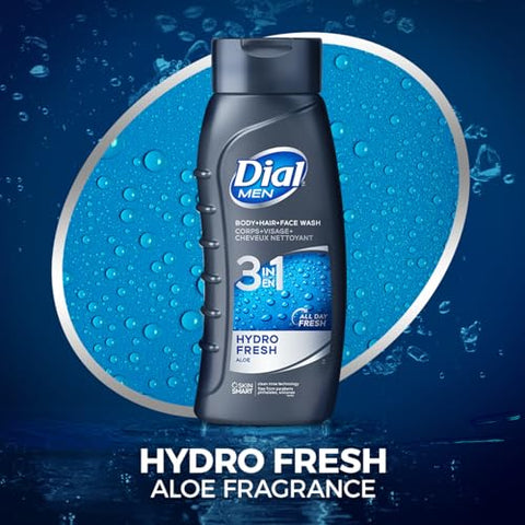 Men 3 em 1 Gel de Banho, Cabelo e Rosto, Hidro Fresh, 473 ml, Pack com 6 unidades - Dial
