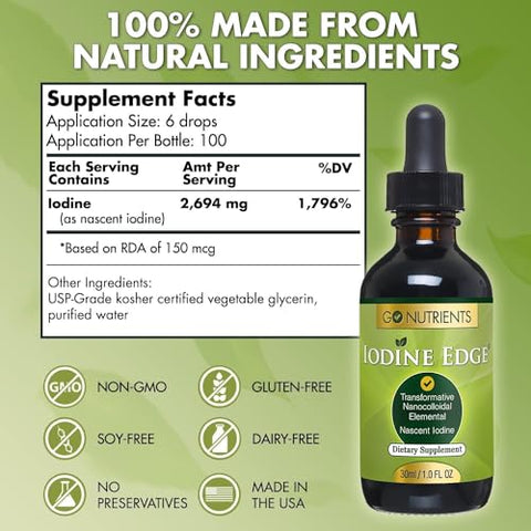 Suplemento Orgânico de Iodo Nascente Iodine Edge Avançado em Gotas para Suporte da Tireoide, Energia Aumentada e Função Cognitiva - Go Nutrients