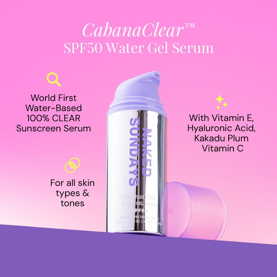 Naked Sundays - CabanaClear Gel Serum FPS50, Livre de Silicone, Invisível, Protetor Solar Facial de Amplo Espectro, Leve, Livre de Fragrância e Óleo – Para Todos os Tipos de Pele e Tons de Pele