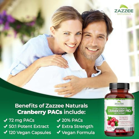 Cranberry PACs Extra Forte, 72 mg PACs por Cápsula, 100%% Solúvel, 120 Cápsulas Veganas, Extrato 50:1, Força de 18.200 mg, Suporte Eficaz para o Trato Urinário UTI em Mulheres - Zazzee