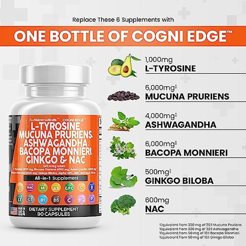 L-Tyrosine 1000mg Mucuna Pruriens 6000mg Bacopa Monnieri 500mg Ashwagandha 4000mg Focus Supplement com N-Acetil Cisteína 600mg NAC 5-HTP Ginkgo Biloba Alpha - Clean Nutraceuticals