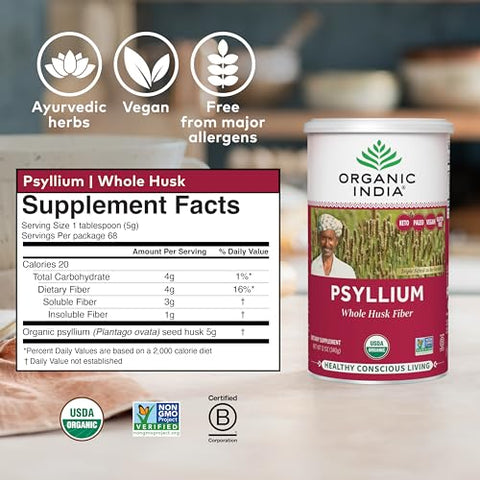 Psyllium Herbal Powder – Fibra de Casca Inteira, Eliminação Saudável, Amigável ao Keto, Vegano, Sem Glúten, Certificado Orgânico pelo USDA, Não-OGM, Solúvel - ORGANIC INDIA