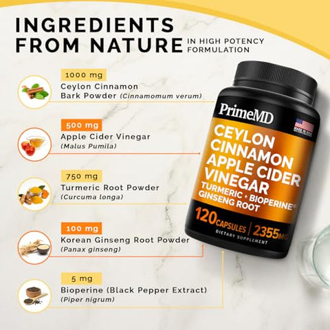 PrimeMD - Cápsulas de Canela do Ceilão 5 em 1 2355mg – Canela do Ceilão e Cápsulas de Vinagre de Maçã – Cápsulas de Cúrcuma e Ginseng Panax – Suplementos de Canela com Bioperina