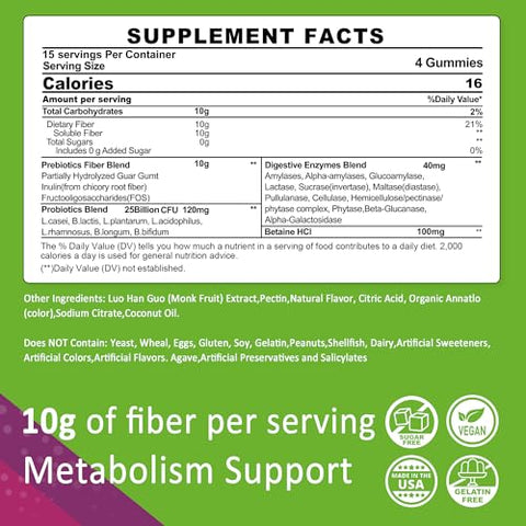 Nextdia - Fiber Gummies para Adultos, Sem Açúcar 10g Suplemento de Fibra Prebiótica com Enzimas Digestivas, Probióticos