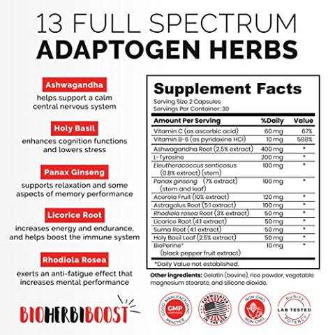 HERBI BOOST NATURALS - Suplemento Adrenal Support [1300mg Não-OGM] Foco Natural Clareza Energia