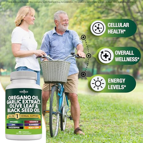 Óleo de Orégano NEW AGE 6000mg Extrato de Alho 4000mg Folha de Oliveira 3000mg com Astragalus – Suporte Imunológico
