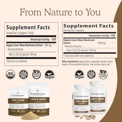 Cápsulas de Lion’s Mane da Real Mushrooms – Extrato Orgânico de Cogumelo do Leão para Função Cognitiva