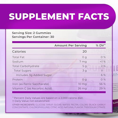 Natural BioScience - Gummies de Ferro com Vitamina C – Suplemento Mastigável para Anemia por Deficiência de Ferro, Suporte às Células Vermelhas do Sangue, Energia, Função Imunológica, Saúde Cerebral, Máxima Absorção, Sabor Uva, 60g