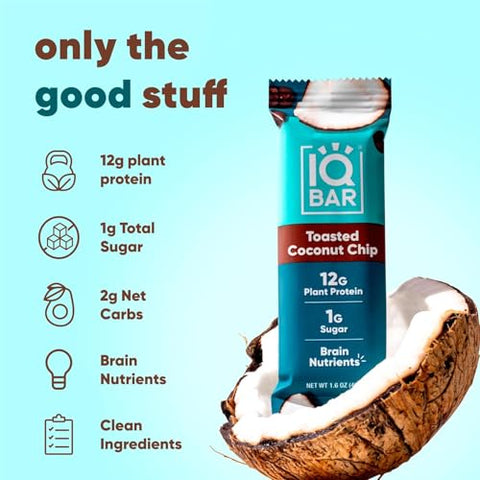 Generic - IQ BAR – Barra de Proteína Vegetal para o Cérebro e o Corpo – Coco Torrado – 12 Unidades, Baixo Carboidrato, Alta Fibra, Sem Glúten, Snacks Veganos – Barras Energéticas com Baixo Teor de Açúcar Keto