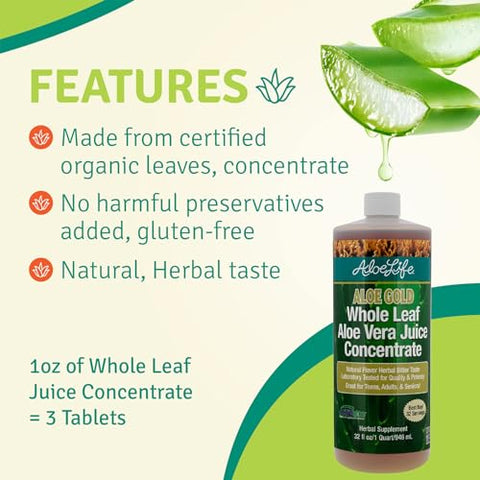 Suco de Aloe Vera de Folha Inteira, Orgânico Certificado com Minerais Traços, Sem Glúten (Aloe Gold 946 ml 2-Pack) - Aloe Life