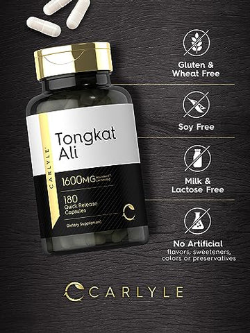 Tongkat Ali | 180 Cápsulas de Liberação Rápida | 1.600mg | Suplemento Livre de Transgênicos e Glúten - Carlyle
