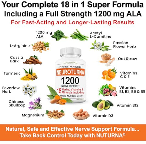 Nuturna - Suplemento de Suporte à Neuropatia com 1200 mg de Ácido Alfa Lipóico Puro – Fórmula de Força Máxima para Fortalecer os Nervos em Dedos, Mãos e Dedos dos Pés