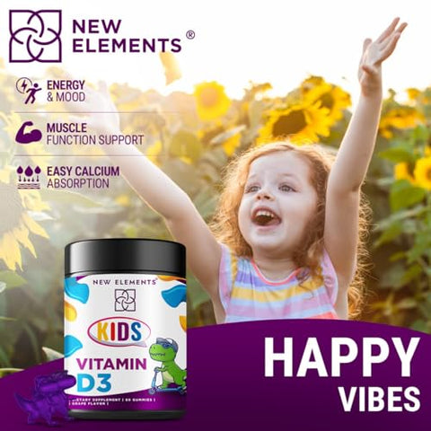 New Elements - Vitamina D3 Gummies 2000 UI para Crianças Sem Açúcar | Goma Mastigável de Vitamina D Natural para Ossos Saudáveis, Humor
