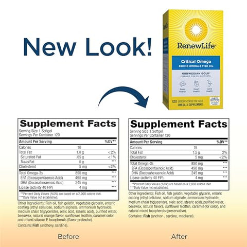 Norwegian Gold Critical Omega Softgels – Suporte Diário para Coração, Cérebro e Articulações – Ômega-3 EPA e DHA – Livre de Laticínios e Glúten – 850 Mg 120 Cápsulas - Renew Life