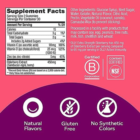 Gummies de Sabugueiro Extra Forte, Suporte Imunológico, 450mg de Sabugueiro, Vitamina C, D e Zinco, Berry – 60 Unidades - OLLY