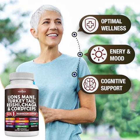 Suplemento de Cogumelo Lion’s Mane 3000mg 20 em 1 com Turkey Tail 2000mg Reishi 1000mg Cordyceps Chaga 1000mg e Raiz de Marshmallow - NEW AGE