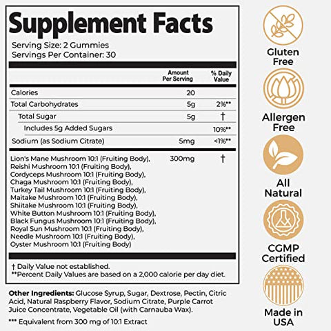 Super Mushroom Gummies – Suplemento Diário de Cogumelos em Goma – Mistura de 12 Cogumelos com Chaga, Lions Mane, Reishi, Cordyceps – 60 Gummies - Auri