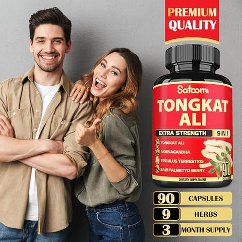 Extrato de Raiz de Tongkat Ali 200 para Homens com 9 Ervas Ashwagandha, Tribulus Terrestris – Aumente sua Vitalidade Masculina - Satoomi